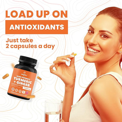 Turmeric + Ginger Capsules 1200mg | Joint Comfort, Inflammation Support & Digestive Health* | 180 Count | Zealthy Life High Potency Turmeric Ginger Supplement | 1200mg