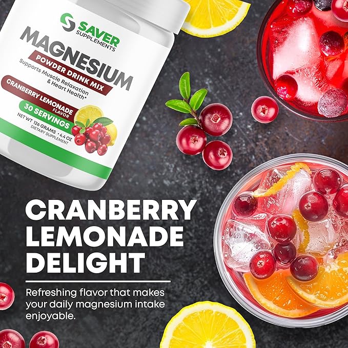 Magnesium Powder - Anti-Stress Drink Mix for Calm & Regularity - Magnesium Citrate Supplement - Relaxation, Muscle & Heart Support - Cranberry Lemonade Flavor - 30 Servings