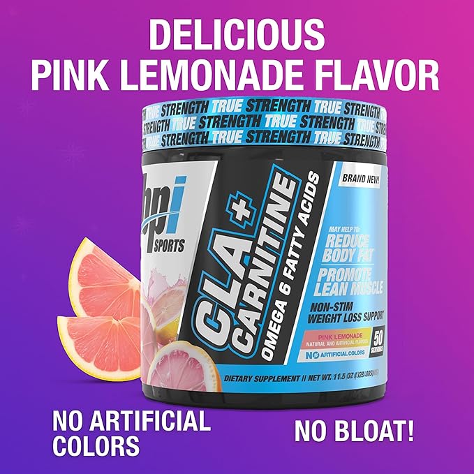 BPI Sports CLA + Carnitine – Conjugated Linoleic Acid – Performance, Lean Muscle – Caffeine Free – for Men & Women – Pink Lemonade – 50 Servings – 12.34 Oz. (Packaging May Vary)