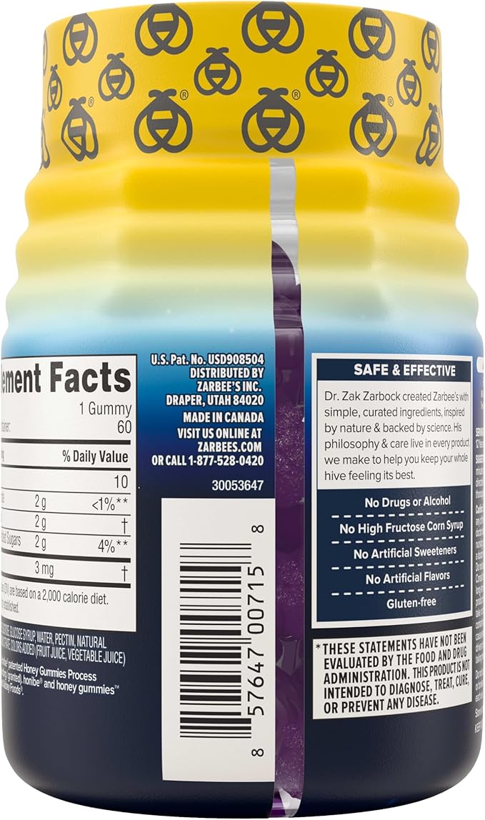 Zarbee's Melatonin Gummies 3mg Sleep Supplement to Promote Peaceful Sleep, Natural Mixed Fruit Flavor, Adults Gummy Age 12 Up, 60 Count