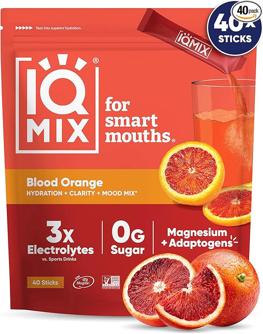 IQMIX Hydration Electrolyte Powder – 4-in-1 Formula for Hydration, Mental Clarity, Mood and Recovery – Sugar-Free Drink Mix, Keto, Magnesium L-Threonate, Lion’s Mane – 40 Count Blood Orange