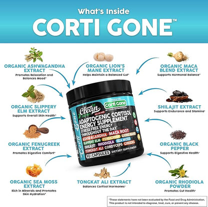 Corti Gone Cortisol Supplements For Women | Maca Root Ashwagandha Cortisol Detox Manager Reducer + Slippery Elm Fenugreek Lions Mane Shilajit Rhodiola Sea Moss Tongkat Ali Cordyceps Ginseng Beet Root