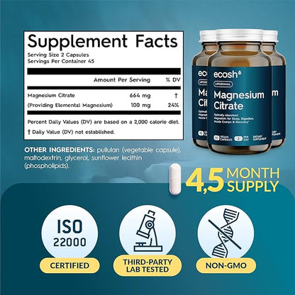 Liposomal Magnesium Citrate Capsules — High Absorption Magnesium Supplement for Constipation, Sleep, Muscle Cramps & Recovery | High Potency Mg | Easy to Swallow Veg Capsules | Non-GMO | 270 ct