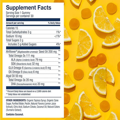 Wiley's Finest Kids Vegan Omega-3 Gummies - Natural Sugar - Vegetarian DHA, ALA & SDA - Gluten Free - Lemon Flavor, 30 Gummies
