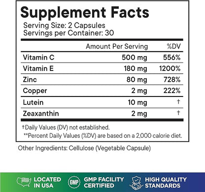 AREDS 2 Eye Vitamin & Mineral Supplement, Contains Lutein, Vitamin C, Zeaxanthin, Zinc & Vitamin E with Added Copper - 180 Count