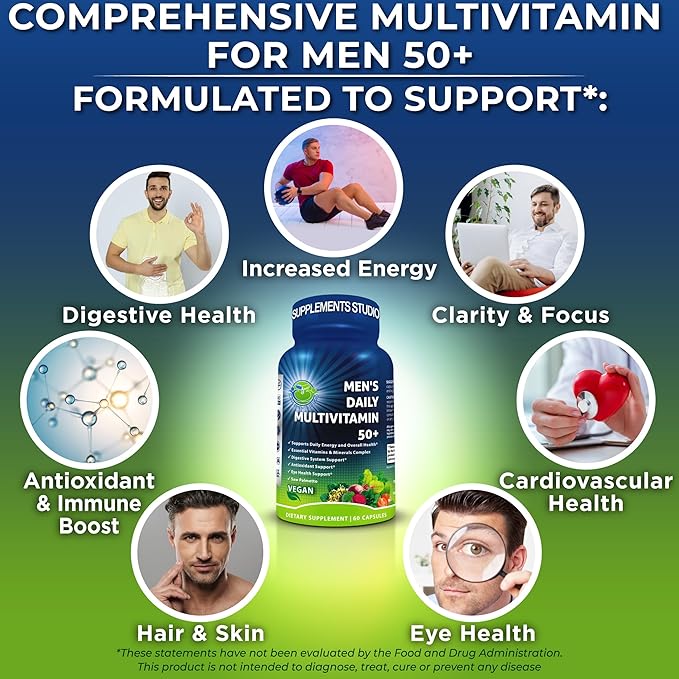 Men's Daily Multivitamin 50 Plus - Vegan Methylated Multivitamin for Men 50 and Over - Saw Palmetto, Biotin, Organic Superfoods, Lutein - Eye, Energy, Gut, Health Support - Easy to Swallow Capsules