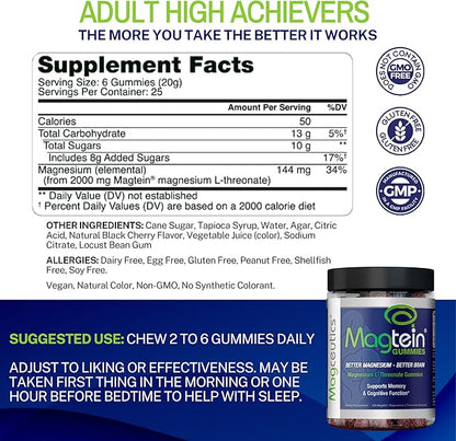 Magtein Gummies - Magnesium L-Threonate Gummies, Brain Support, Focus Supplement, Boost Memory & Cognitive Function - 150 Vegan Gummies