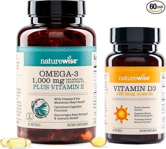 NatureWise High-Potency 1000mg Omega 3 with 600mg EPA, 400mg DHA, & Vitamin E & Vitamin D3 5000iu (125 mcg) Healthy Muscle Function, and Immune Support