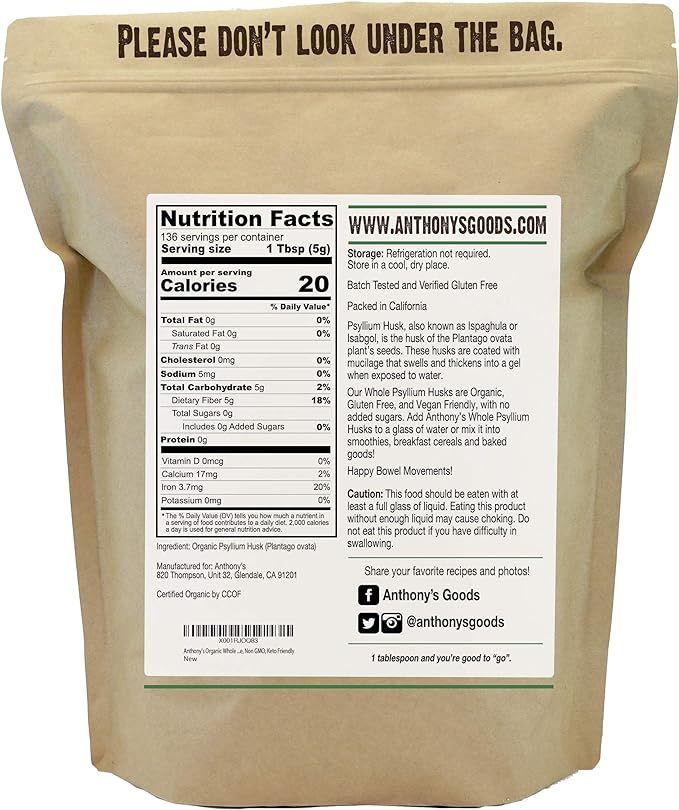Anthony's Organic Whole Psyllium Husks, 1.5 lb, Dietary Fiber, Gluten Free, Non GMO, Keto Friendly