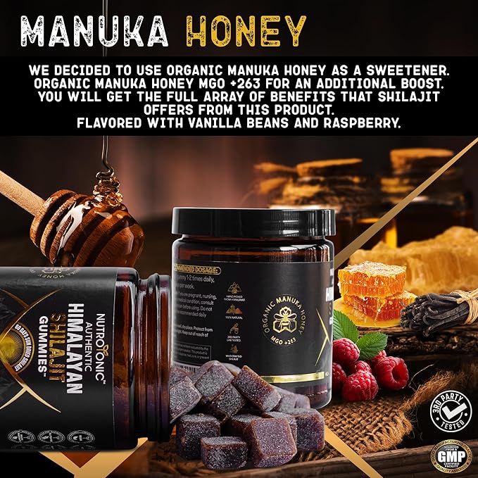 NutroTonic® Authentic Himalayan SHILAJIT Gummies | No Added Sugars | Organic Raspberry Vanilla Flavor | Sweetened by Organic Manuka Honey MGO +263 | Brain, Heart, Cellular Health | 30 Healthy Gummies