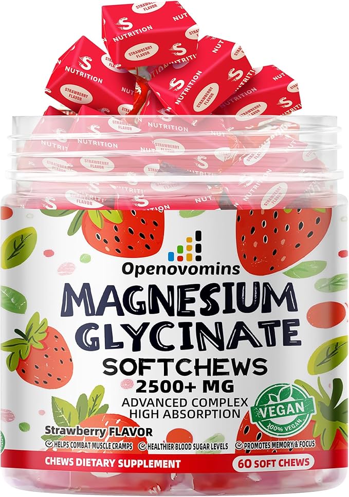 Magnesium Glycinate Soft Chews, Strawberry Flavor.Chewable Sugar Free Potassium Magnesium Chews with Magnesium Glycinate, Vitamin D, B6, and CoQ10 for Calm Support & Sleep for Adults, 60 Days Supply