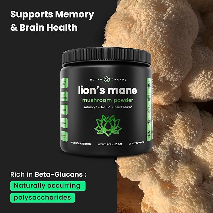 NutraChamps Organic Mushroom Powder - 10-in-1 Complex - Mushroom Supplement Powder Blend for Memory, Focus & Immune Support - 8oz (8.0 OZ, Lion's Mane)