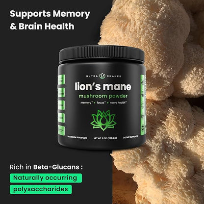 NutraChamps Organic Mushroom Powder - 10-in-1 Complex - Mushroom Supplement Powder Blend for Memory, Focus & Immune Support - 8oz (8.0 OZ, Lion's Mane)