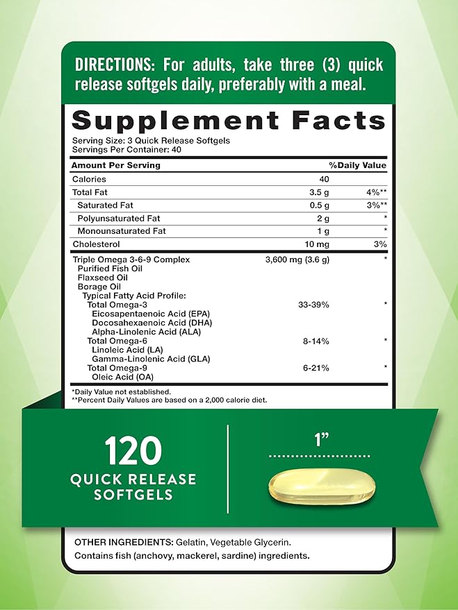 Nature's Truth Omega 3-6-9 Softgels | 3600mg | 120 Count | Fish, Flax, & Borage Oil | Triple Strength | Non-GMO & Gluten Free Supplement