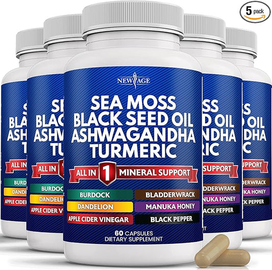 NEW AGE Sea Moss Black Seed Oil Ashwagandha Turmeric Bladderwrack Burdock - with Manuka, Honey Dandelion, ACV Black Pepper Gluten Free