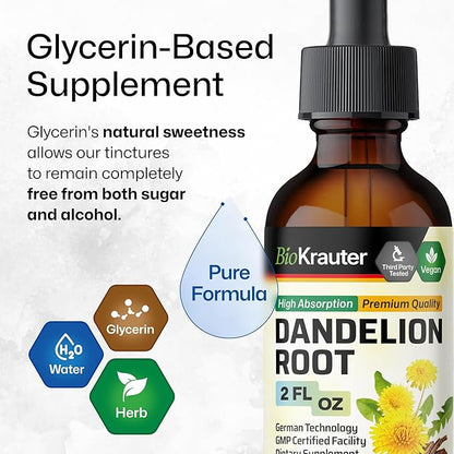BIO KRAUTER Dandelion Root Extract - Alcohol & Sugar Free Dandelion Tinture - Vegan Supplement for Cleansing & Immunity - 2 Fl. Oz - 28 Days of Supply