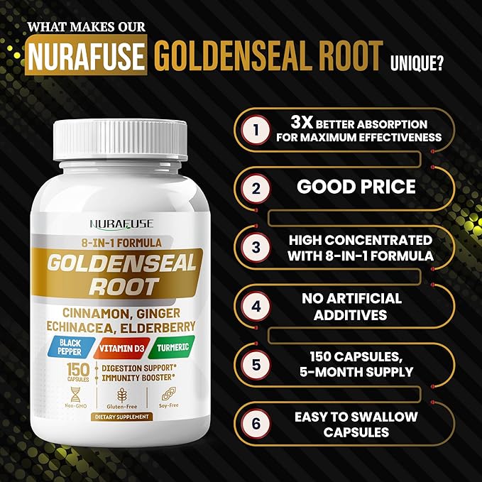 Goldenseal Root 8-in-1 Formula - with Cinnamon Ginger Echinacea Elderberry Black Pepper Vitamin D3 - Non-GMO, Gluten-Free, Soy-Free