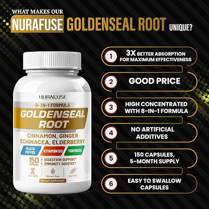 Goldenseal Root 8-in-1 Formula - with Cinnamon Ginger Echinacea Elderberry Black Pepper Vitamin D3 - Non-GMO, Gluten-Free, Soy-Free