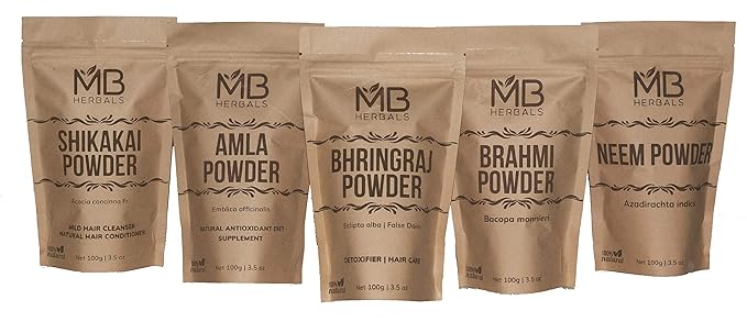 MB Herbals Hair Care Powders COMBO Pack | Shikakai | Neem | Brahmi | Amla | Bhringaraj | Powders | 100 Grams Each | For Hair Pack | External Use Only