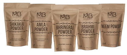 MB Herbals Hair Care Powders COMBO Pack | Shikakai | Neem | Brahmi | Amla | Bhringaraj | Powders | 100 Grams Each | For Hair Pack | External Use Only