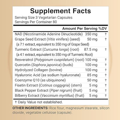 NatureBell NAD+ 1,500mg Per Serving, 240 Veggie Capsules | 10-in-1 Complex with Resveratrol Plus Hyaluronic Acid, Quercetin, Fisetin, Collagen, & More – Nicotinamide Supplement – Non-GMO