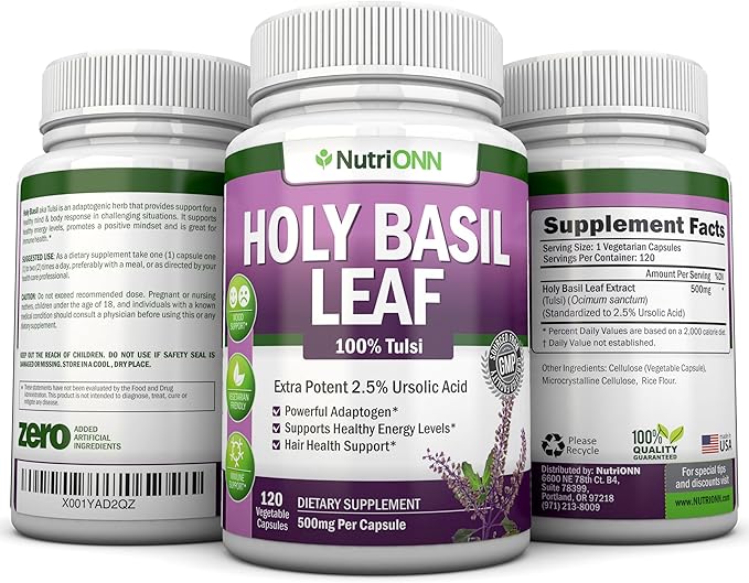 Holy Basil Leaf Capsules - 500mg - 2.5% Ursolic Acid - 120 Vegan Capsules - Real Tulsi Extract Supplement - Positive Mindset - Adaptogenic & Ayurvedic Herb