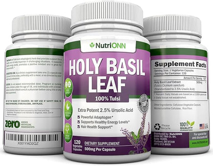Holy Basil Leaf Capsules - 500mg - 2.5% Ursolic Acid - 120 Vegan Capsules - Real Tulsi Extract Supplement - Positive Mindset - Adaptogenic & Ayurvedic Herb