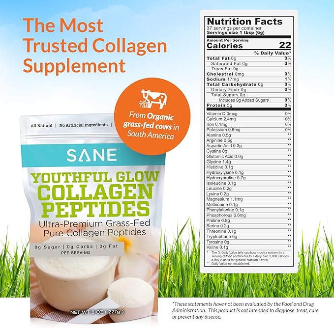 SANE MD - Youthful Glow Vital Collagen Powder - Organic Grass Fed Bovine Hydrolyzed Collagen Peptides Powder for Hair, Nails, Skin & Joint Health - NSF Certified - 37 Servings