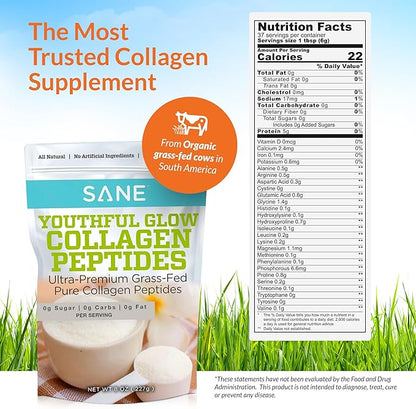 SANE MD - Youthful Glow Vital Collagen Powder - Organic Grass Fed Bovine Hydrolyzed Collagen Peptides Powder for Hair, Nails, Skin & Joint Health - NSF Certified - 37 Servings