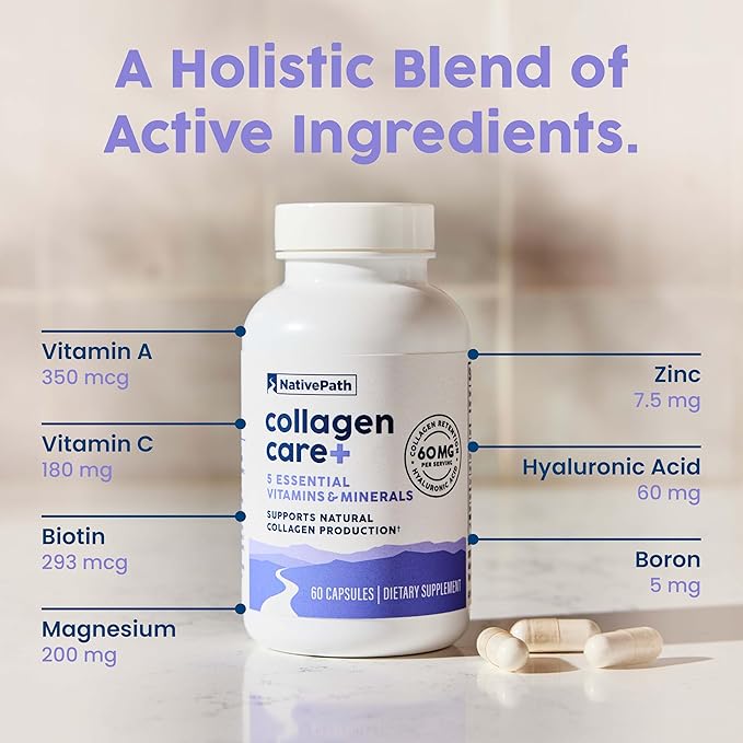 NativePath Collagen Care+, 5 Vitamin Blend with Hyaluronic Acid and Boron That Supports Collagen for Men and Women, 60 Capsules