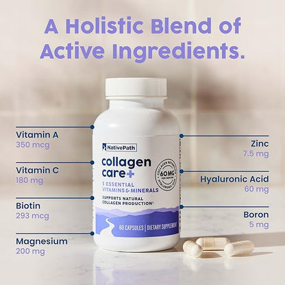 NativePath Collagen Care+, 5 Vitamin Blend with Hyaluronic Acid and Boron That Supports Collagen for Men and Women, 60 Capsules