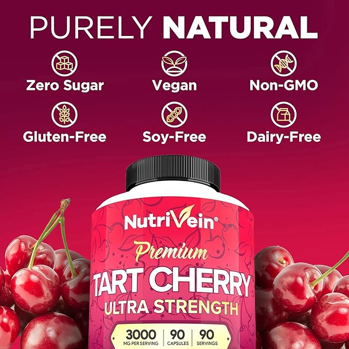 Nutrivein Premium Tart Cherry Capsules 3000mg: Ultra Strength Tart Cherry Extract Supplement for Post-Athletic Recovery, Detox, Rest, & Mobility