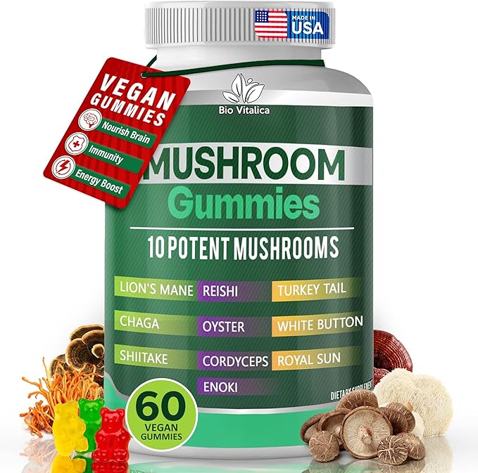 BIO VITALICA Mushroom Gummies - Lions Mane Gummies for Adults with 10 - Blend Mushrooms Complex Reishi, Chaga, Cordyceps, Turkey Tail, & More - Mushroom Supplement (1)