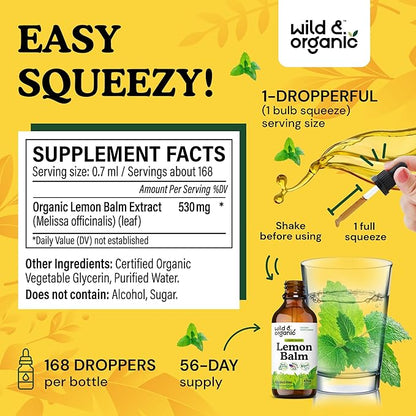 Wild & Organic Lemon Balm Tincture - Mood Support Supplement - Melissa Lemon Balm Leaf Extract Drops - Vegan, Sugar & Alcohol-Free Calming Supplement - 4 fl oz