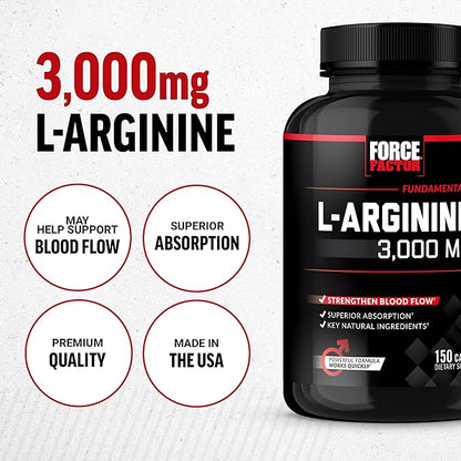 Force Factor L-Arginine, Nitric Oxide Supplement with BioPerine to Help Build Muscle & Support Stronger Blood Flow, Circulation, Nutrient Delivery, & Pumps, L-Arginine 3000mg, 150 Count (Pack of 2)