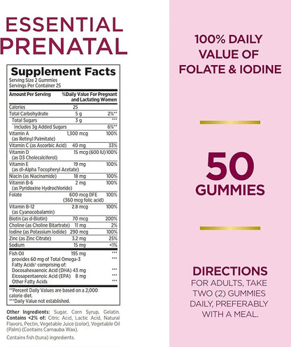 Nature's Bounty Essential Prenatal Gummies, Folic Acid and Iodine, Omega 3 and DHA, 50 Count (Pack of 2)