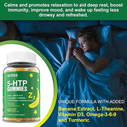 5-HTP GABA Gummies - Melatonin Free Calm & Relaxation Gummies w/Banana Extract, L-Theanine, L-Tryptophan, Omega-3-6-9 for Health Rest Cycle & & Circadian Rhythm, Natural Zzzs, Brain Relax (Pack of 2)