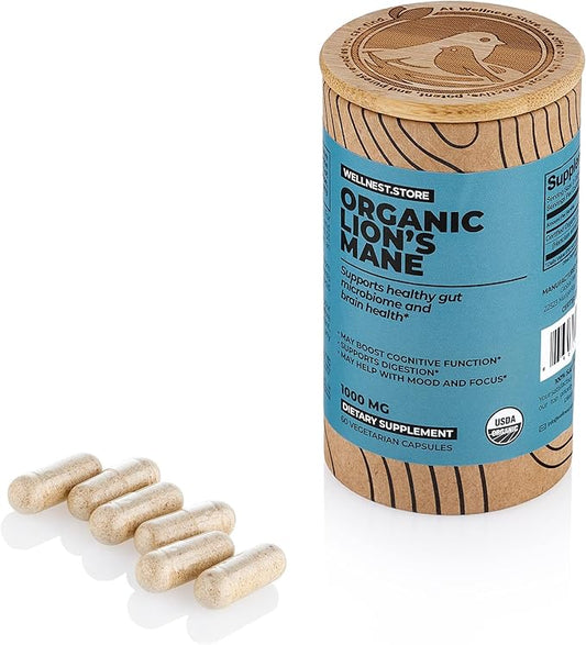 Lions Mane Mushroom Organic Supplement (Hericium Extract) 60 Veggie Caps - Immune Support Supplement; Improve Cognitive Function + Promote Vitality, Protect Nerve Cells