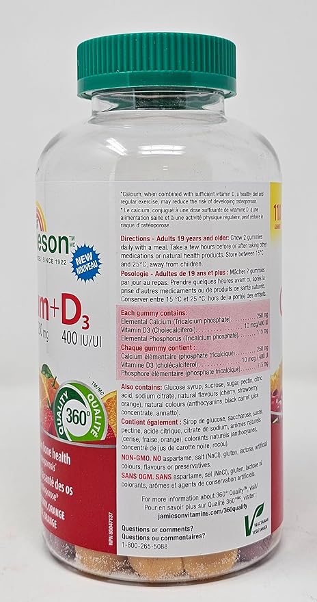 Jamieson Calcium 250mg + D3 400 IU/UI Fruit Flavoured Gummies - Helps to Maintain Bone Health - 110 Count