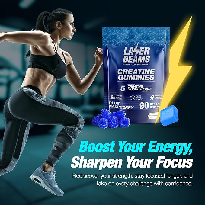 Creatine Monohydrate Gummies - 5g Creapure Creatine per Serving - Vegan, Blue Raspberry Flavor - Boost Muscle Strength, Endurance, Recovery & Mental Focus - 90 Gummies, Gluten-Free