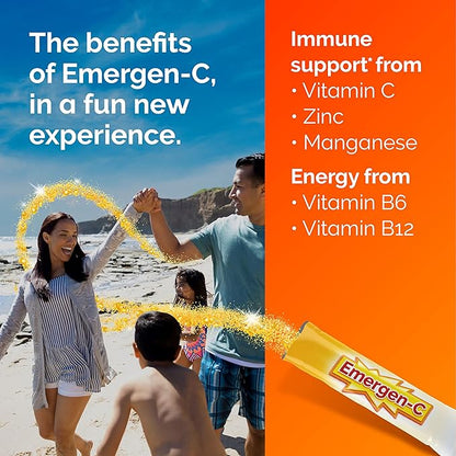 Emergen-C Crystals, On-the-Go Emergen-C Immune Support Supplement with Vitamin C, B Vitamins, Zinc and Manganese, Orange Vitality - 56 Stick Packs