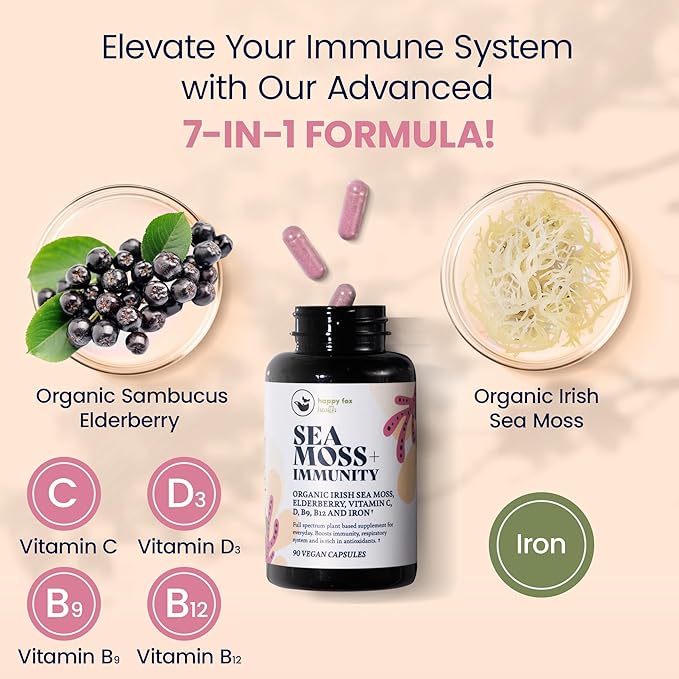 HAPPY FOX Immunity Bundle - Organic Sea Moss Gel, Gold, 8 fl oz & Organic Irish Sea Moss Capsules with Sambucus Elderberry for Immunity Defense, Vitamins C, D3, B9, B12, & Iron, 90 Count