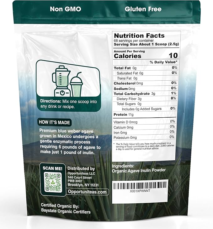 Opportuniteas Organic Inulin Powder - Prebiotic Fiber Made from Blue Agave - Support Digestion, Regularity & Gut Health - Natural Detox Cleanse - Non GMO, Vegan, & Gluten Free-6 oz