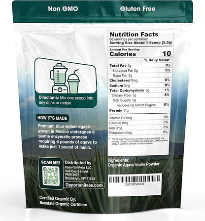 Opportuniteas Organic Inulin Powder - Prebiotic Fiber Made from Blue Agave - Support Digestion, Regularity & Gut Health - Natural Detox Cleanse - Non GMO, Vegan, & Gluten Free-6 oz