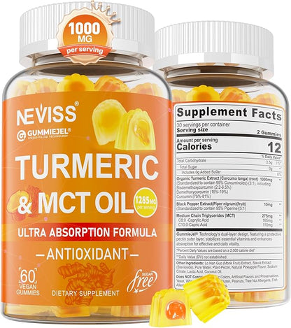 Sugar Free Turmeric Gummies 1000mg w/MCT Oil C8 C10, Organic Antioxidant, Turmeric Curcumin Supplement with Black Pepper Extract Improve Digestion & Comfort, Boost Energy, Ultra Absorption, 60 Count
