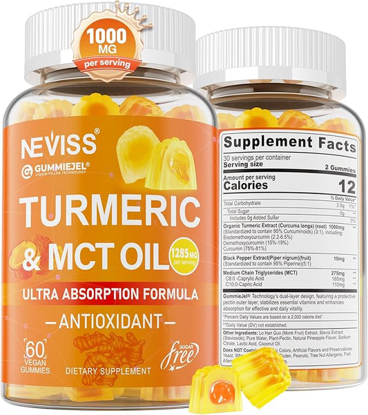 Sugar Free Turmeric Gummies 1000mg w/MCT Oil C8 C10, Organic Antioxidant, Turmeric Curcumin Supplement with Black Pepper Extract Improve Digestion & Comfort, Boost Energy, Ultra Absorption, 60 Count