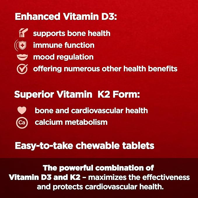 Bonex K Supplement|Vitamin D & K Complex|Supports Heart, Bones & Teeth Health|2000IU Vitamin D3 & 75mcg Vitamin K2|Non-GMO|Small & Easy to Swallow|60 Day Supply Chewable Tablets
