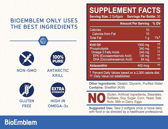 BioEmblem Antarctic Krill Oil Supplement | 1000mg | Omega-3 Oil with High Levels of EPA + DHA, Astaxanthin, and Phospholipids | No Fishy Aftertaste | 60-Count Non-GMO Softgels