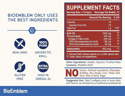 BioEmblem Antarctic Krill Oil Supplement | 1000mg | Omega-3 Oil with High Levels of EPA + DHA, Astaxanthin, and Phospholipids | No Fishy Aftertaste | 60-Count Non-GMO Softgels