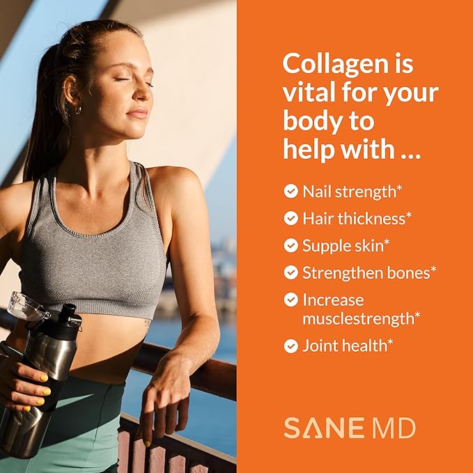 SANE MD - Youthful Glow Vital Collagen Powder - Organic Grass Fed Bovine Hydrolyzed Collagen Peptides Powder for Hair, Nails, Skin & Joint Health - NSF Certified - 37 Servings